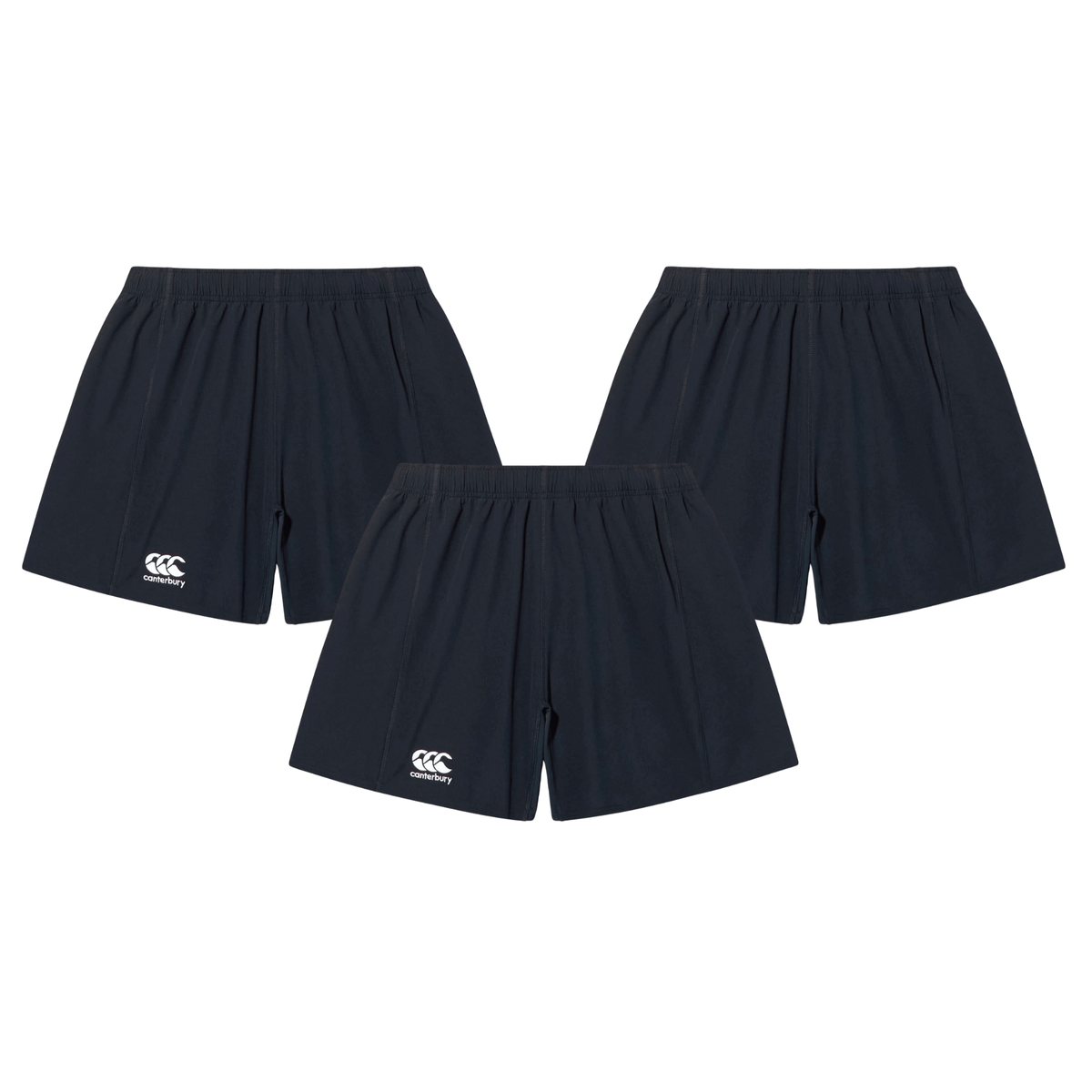 The Canterbury Yokohama Short 3-Pack Bundle offers three pairs of black athletic shorts featuring elastic waistbands and a small Canterbury logo on the lower left side, ideal for rugby players seeking comfort and style.